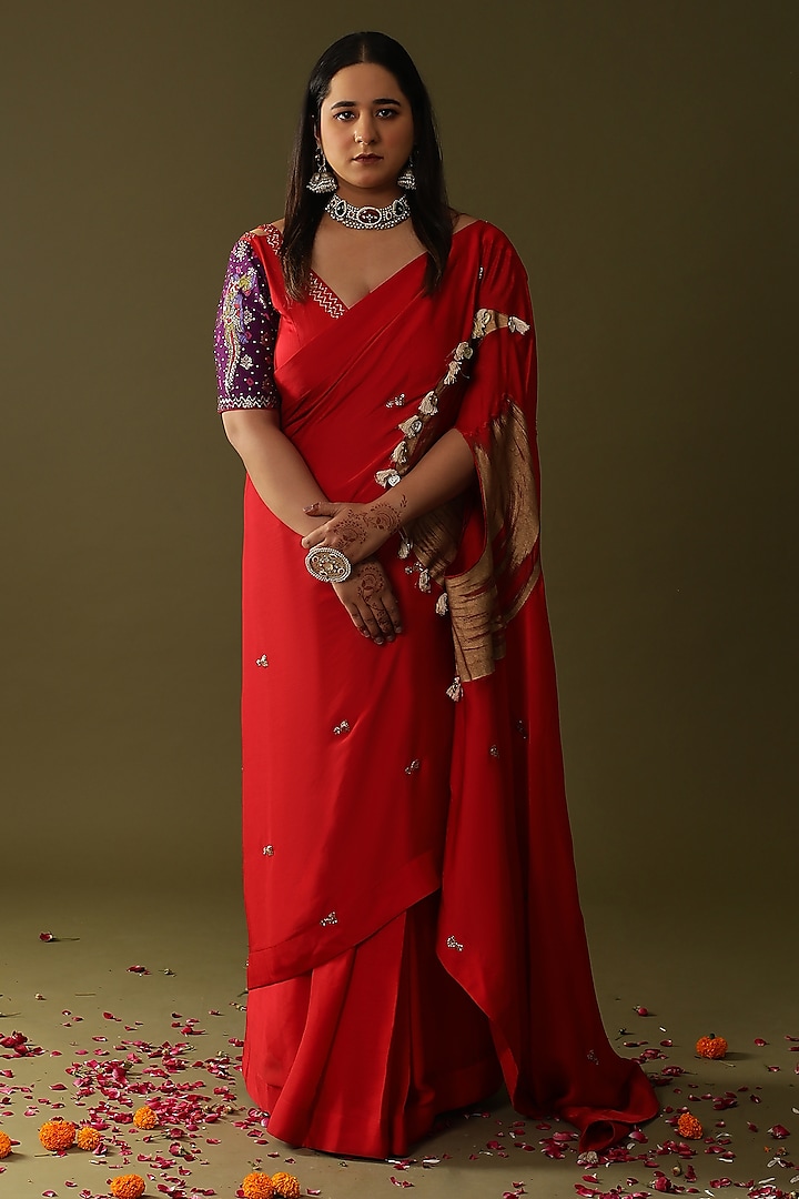 Red Georgette Silk Saree Set by Arpita Sulakshana at Pernia's Pop Up Shop