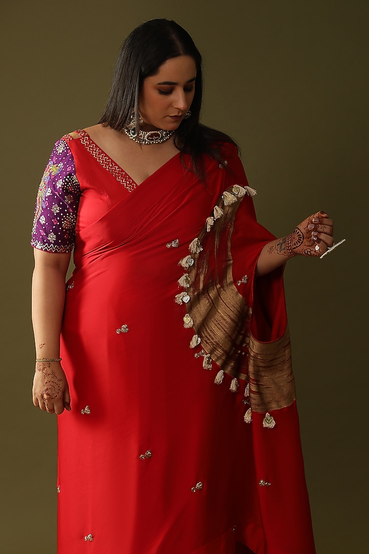 Red Georgette Silk Wedding Saree Set by Arpita Sulakshana at Pernia's Pop Up Shop