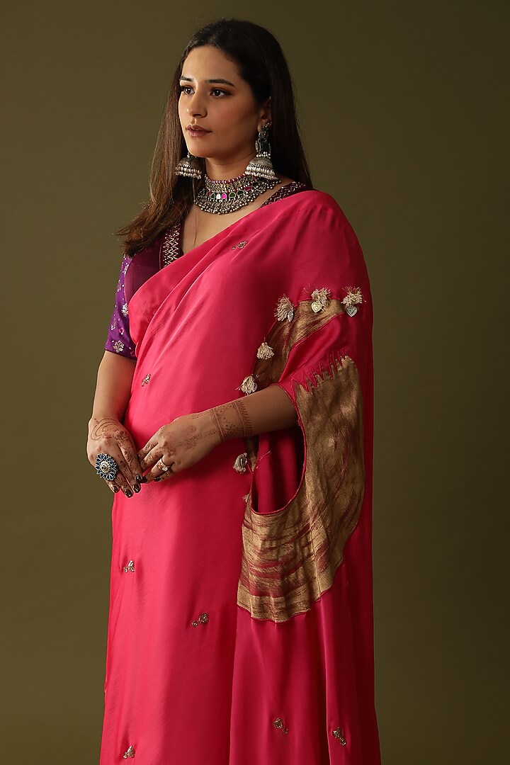 Pink Georgette Silk Pre-Draped Wedding Saree Set by Arpita Sulakshana at Pernia's Pop Up Shop