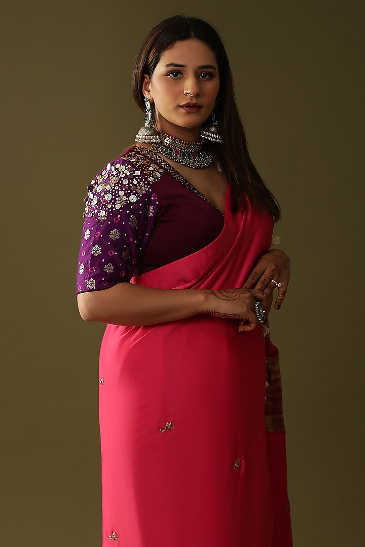 Pink Georgette Silk Pre-Draped Wedding Saree Set by Arpita Sulakshana at Pernia's Pop Up Shop