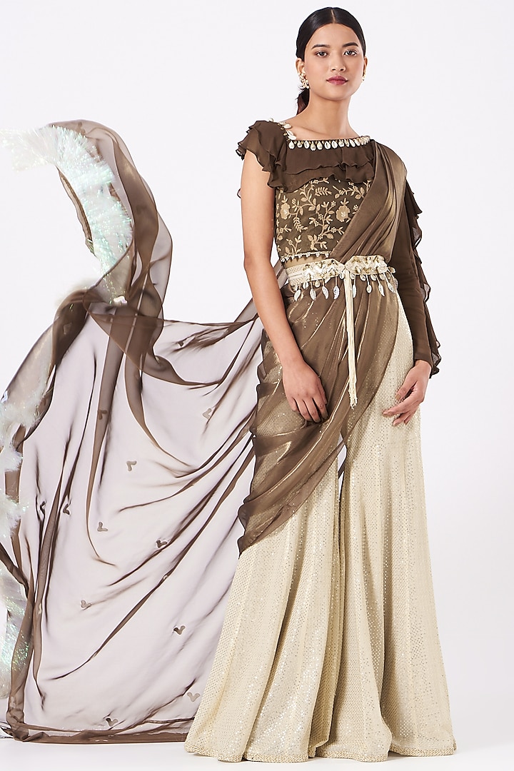 Cream & Brown Embroidered Palazzo Pant Saree Set by Arpita Sulakshana at Pernia's Pop Up Shop