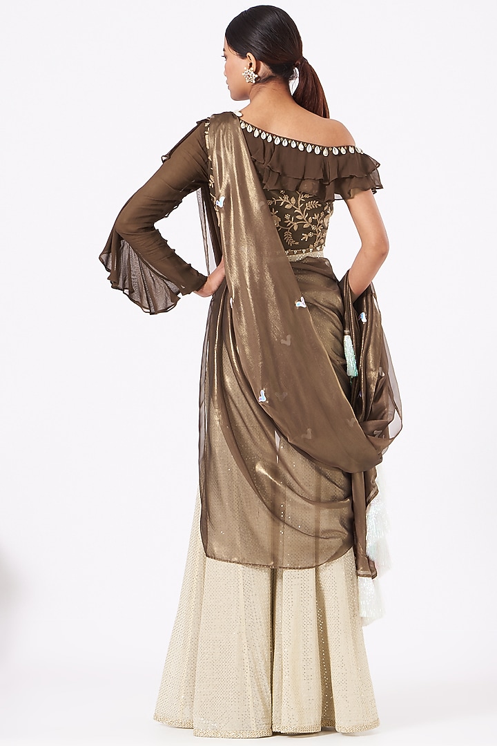 Cream & Brown Embroidered Palazzo Pant Wedding Saree Set by Arpita Sulakshana at Pernia's Pop Up Shop