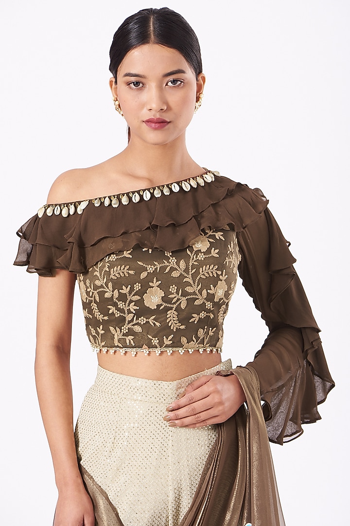 Cream & Brown Embroidered Palazzo Pant Wedding Saree Set by Arpita Sulakshana at Pernia's Pop Up Shop