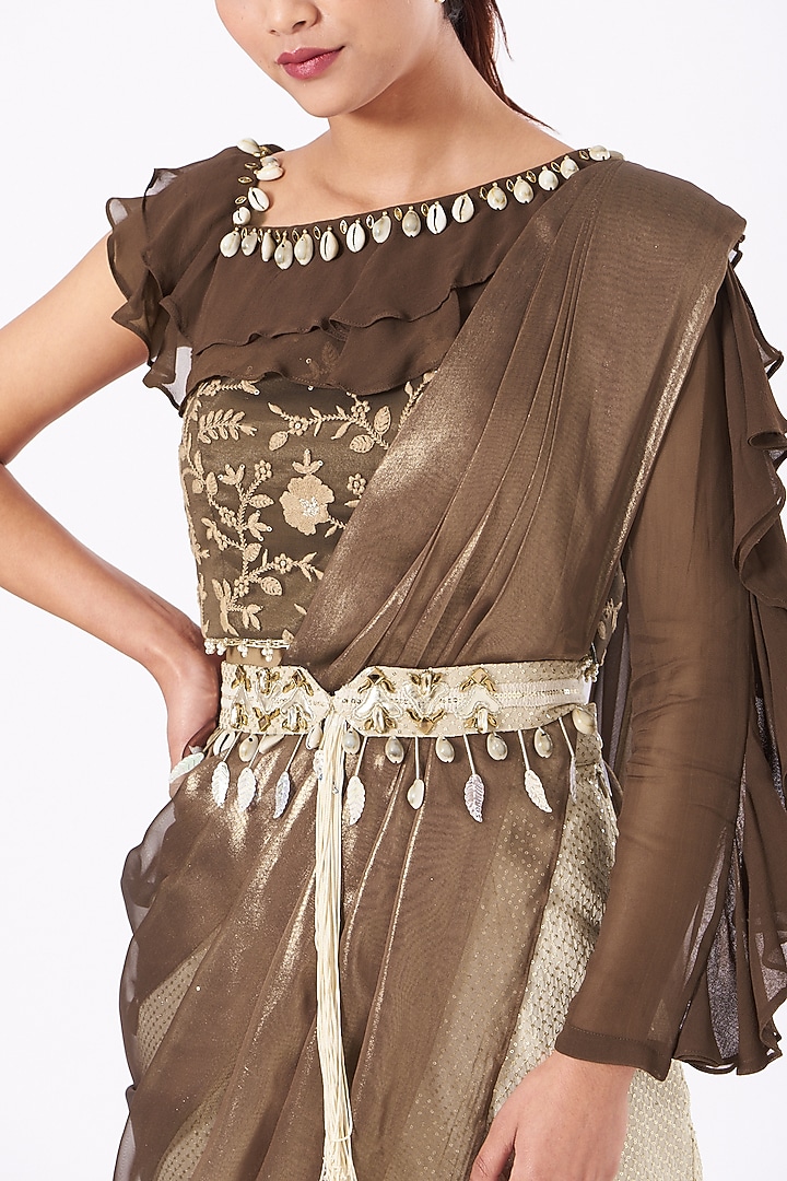 Cream & Brown Embroidered Palazzo Pant Wedding Saree Set by Arpita Sulakshana at Pernia's Pop Up Shop