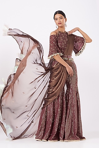 Brown Embroidered Palazzo Pant Saree Set by Arpita Sulakshana