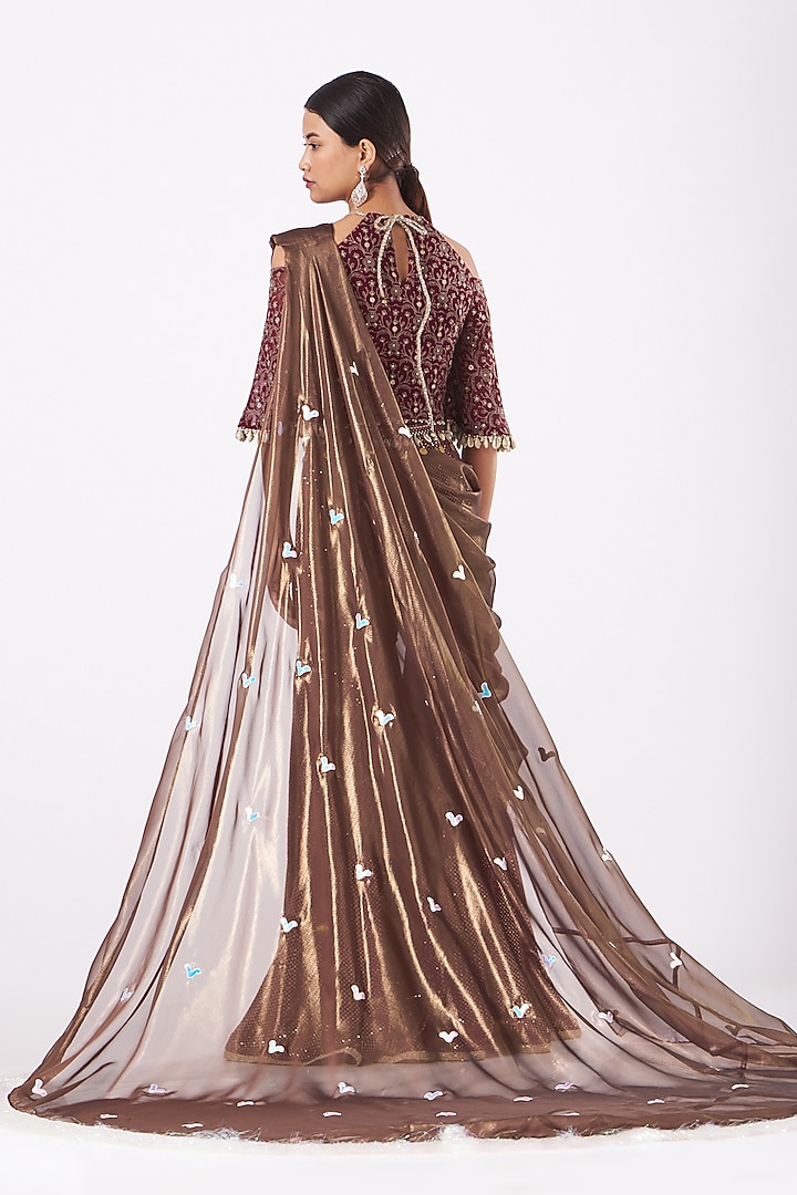 Brown Embroidered Palazzo Pant Wedding Saree Set by Arpita Sulakshana at Pernia's Pop Up Shop