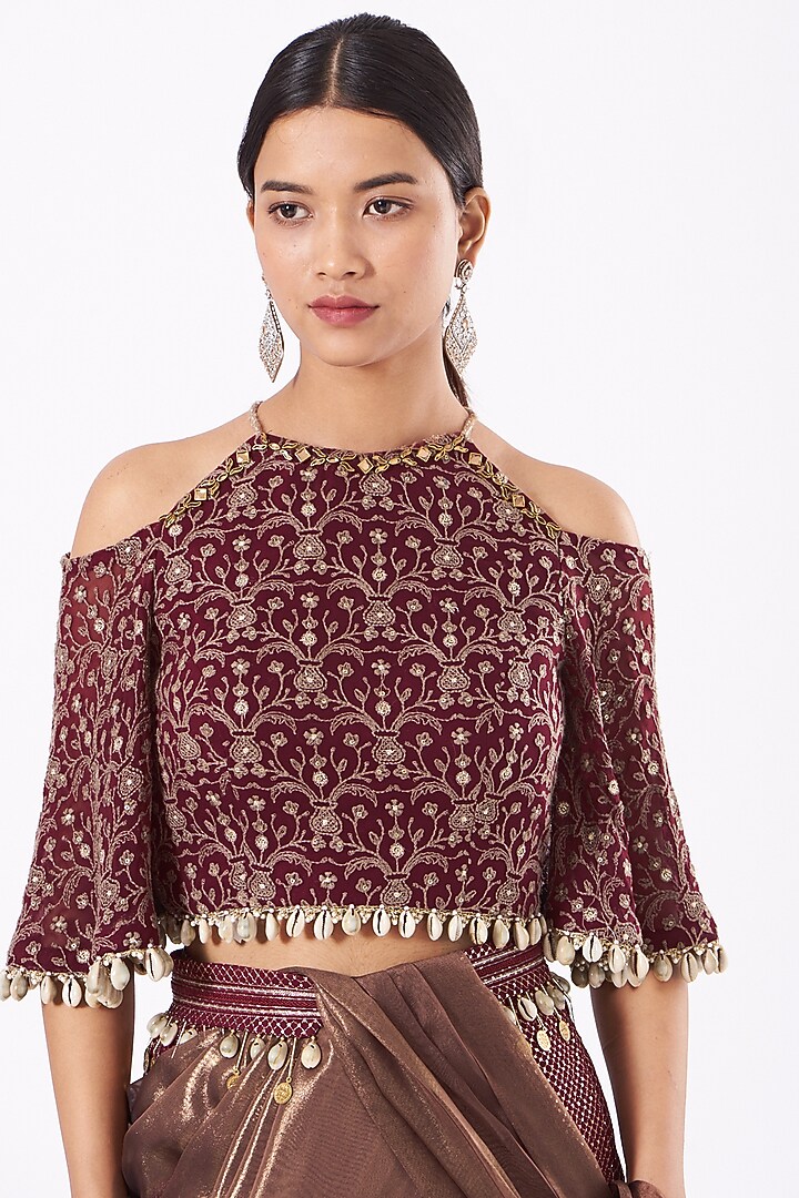 Brown Embroidered Palazzo Pant Wedding Saree Set by Arpita Sulakshana at Pernia's Pop Up Shop