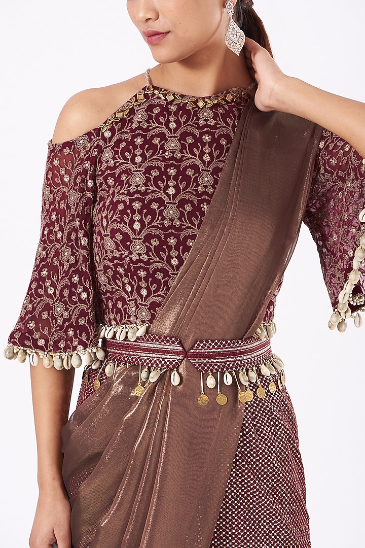 Brown Embroidered Palazzo Pant Wedding Saree Set by Arpita Sulakshana at Pernia's Pop Up Shop
