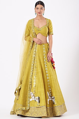 Mustard Embroidered Kalidar Lehenga Set by Arpita Sulakshana