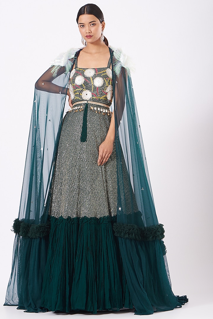 Teal Blue Embroidered Gown With Cape by Arpita Sulakshana