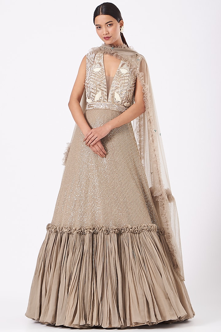 Beige Embroidered Engagement Gown by Arpita Sulakshana at Pernia's Pop Up Shop