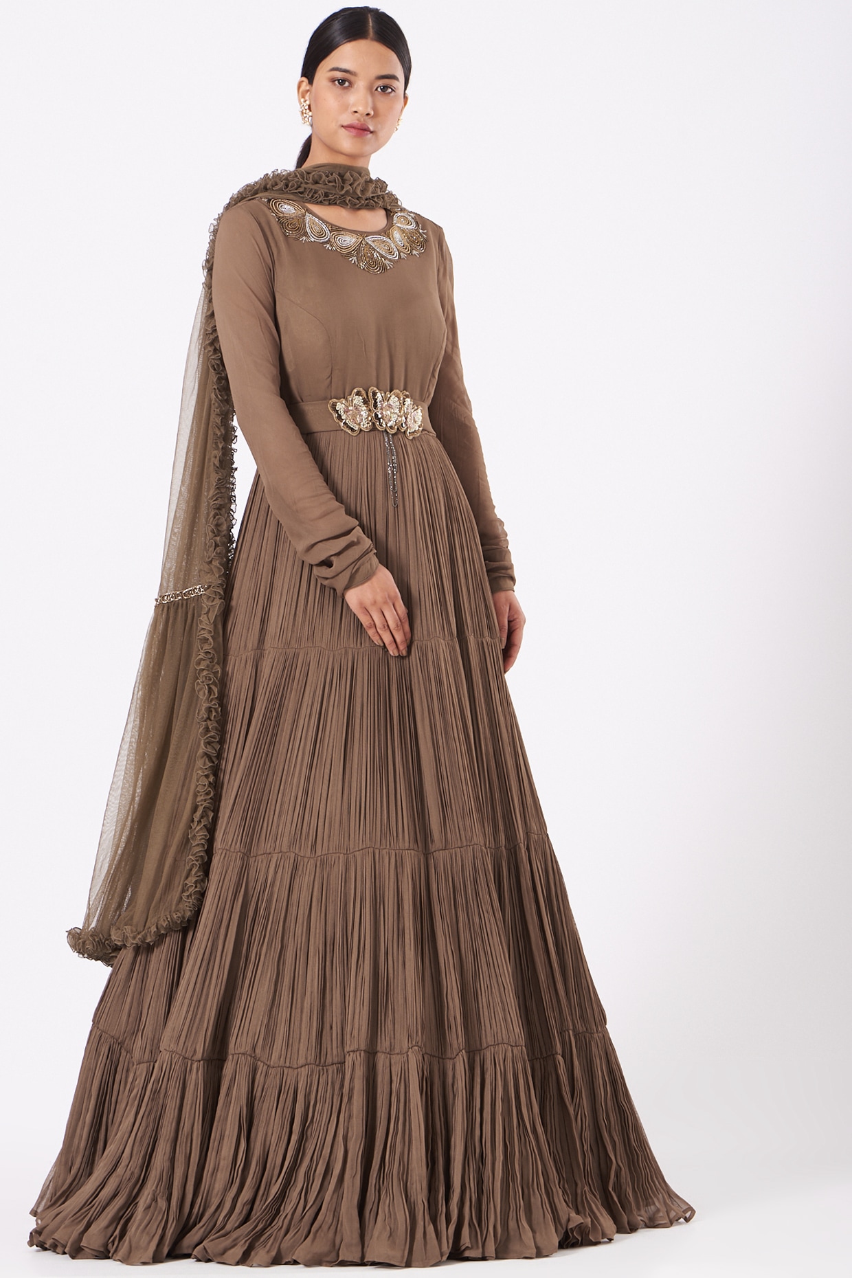 Gown : Brown heavy net embroidery and stone worked designer ...