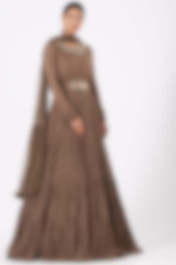 Coffee Brown Embroidered Gown by Arpita Sulakshana
