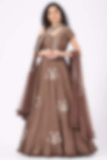 Earthy Brown Embroidered Gown With Dupatta by Arpita Sulakshana