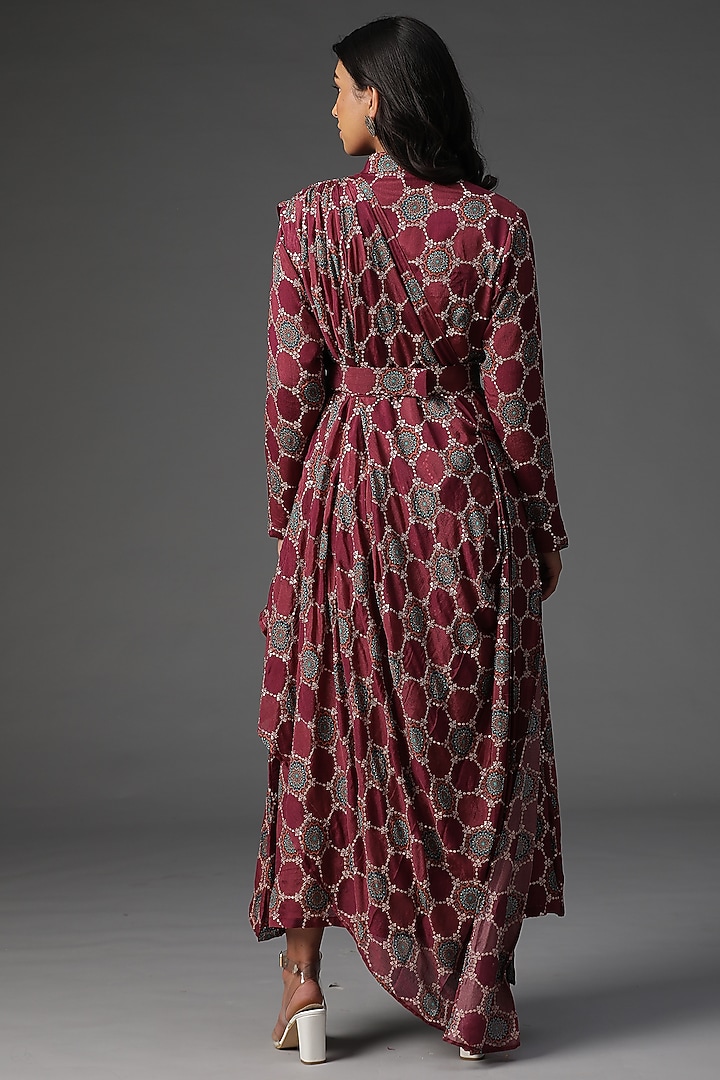 Wine Silk Printed Cowl Draped Vacation Dress by Arpita Sulakshana at Pernia's Pop Up Shop