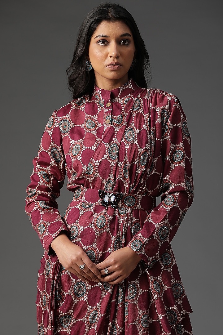 Wine Silk Printed Cowl Draped Vacation Dress by Arpita Sulakshana at Pernia's Pop Up Shop