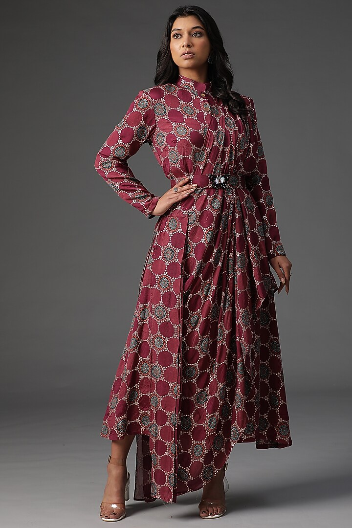 Wine Silk Printed Cowl Draped Vacation Dress by Arpita Sulakshana at Pernia's Pop Up Shop