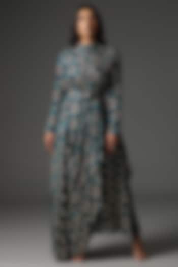 Teal Blue Silk Printed Cowl Draped Dress by Arpita Sulakshana