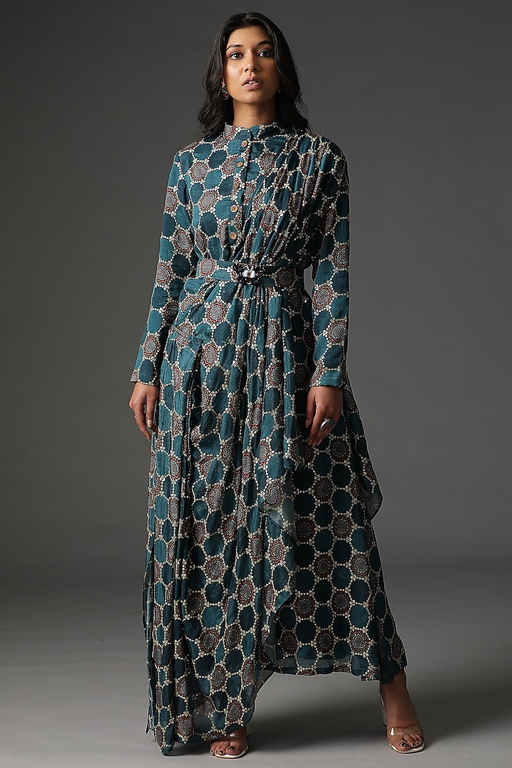 Teal Blue Silk Printed Cowl Draped Dress by Arpita Sulakshana