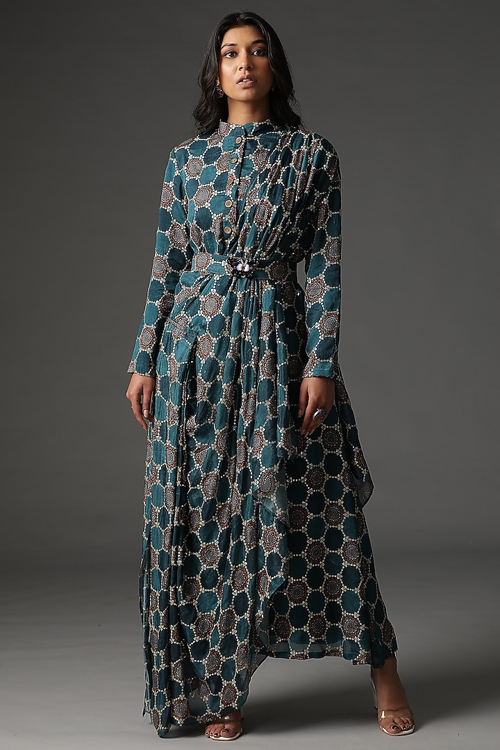 Teal Blue Silk Printed Cowl Draped Summer Dress by Arpita Sulakshana at Pernia's Pop Up Shop