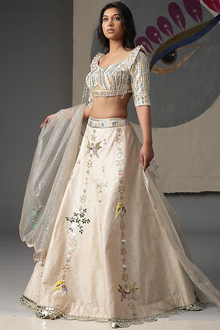 Ivory Raw Silk Handpainted Wedding Lehenga Set by Arpita Sulakshana at Pernia's Pop Up Shop