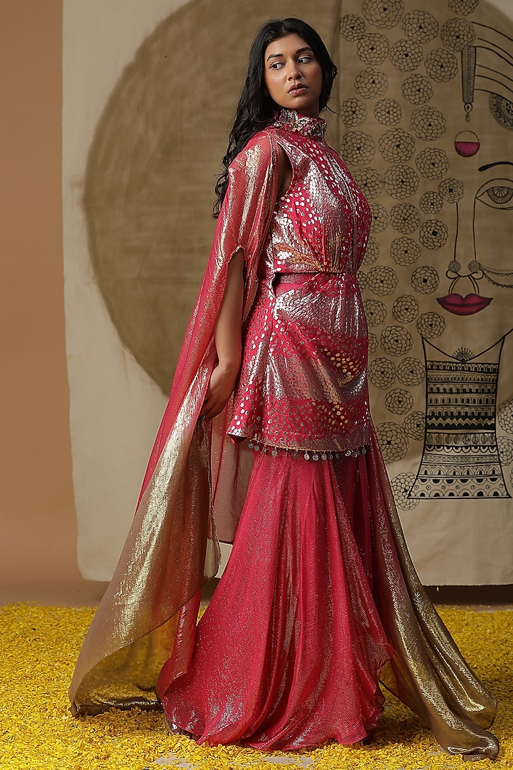 Fuchsia Pink Georgette Embroidered Cape Set by Arpita Sulakshana at Pernia's Pop Up Shop