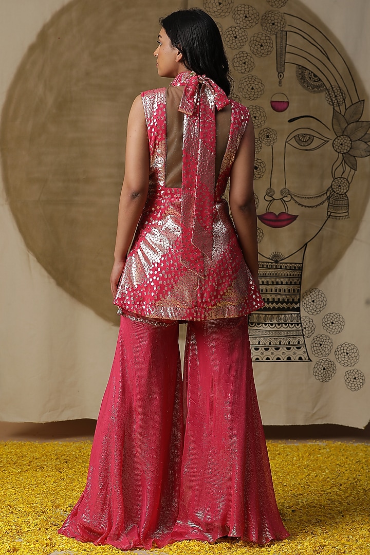 Fuchsia Pink Georgette Embroidered Cape Set by Arpita Sulakshana at Pernia's Pop Up Shop