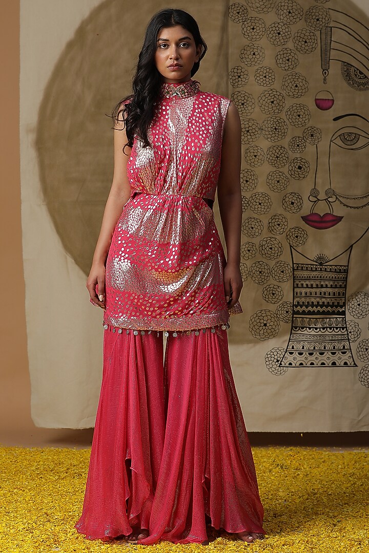 Fuchsia Pink Georgette Embroidered Cape Set by Arpita Sulakshana at Pernia's Pop Up Shop