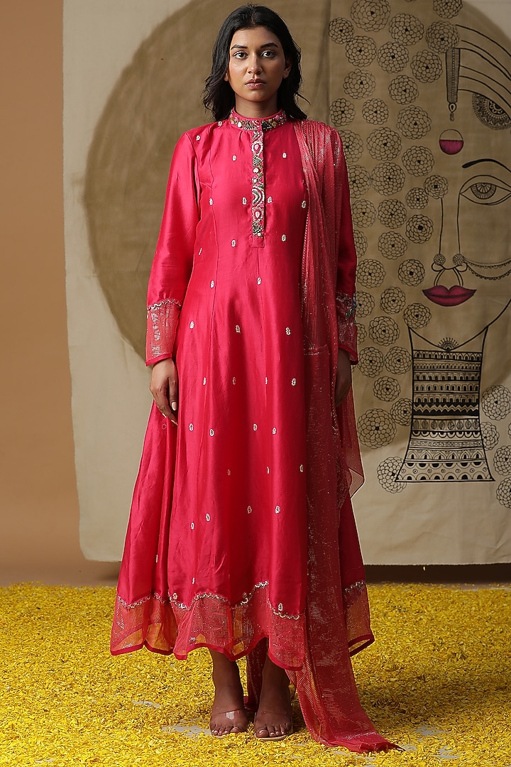 Coral Cotton Hand Painted Draped Vacation Dress by Arpita Sulakshana at Pernia's Pop Up Shop