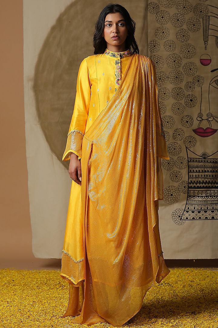 Yellow Cotton Hand Painted Draped Dress by Arpita Sulakshana