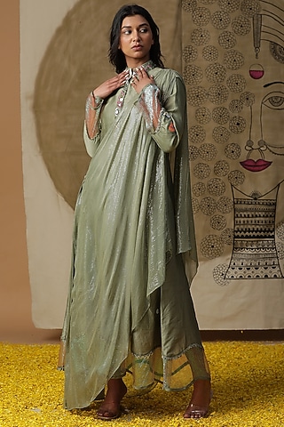 Green Cotton Hand Painted Draped Dress by Arpita Sulakshana