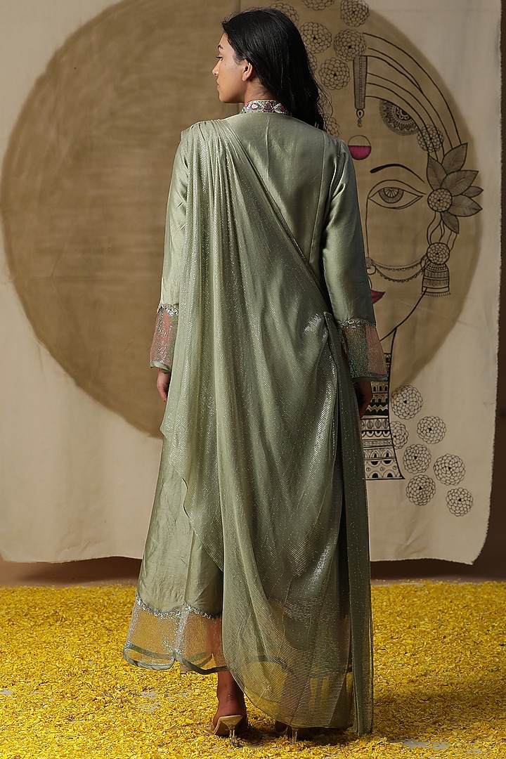 Green Cotton Hand Painted Draped Vacation Dress by Arpita Sulakshana at Pernia's Pop Up Shop