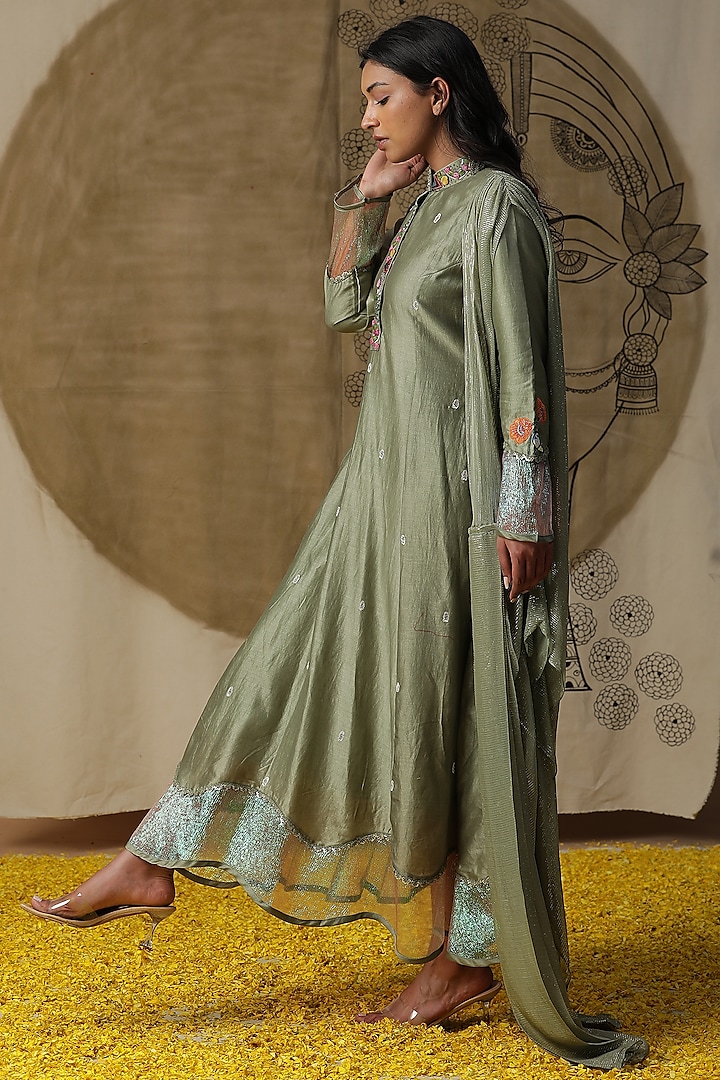 Green Cotton Hand Painted Draped Vacation Dress by Arpita Sulakshana at Pernia's Pop Up Shop