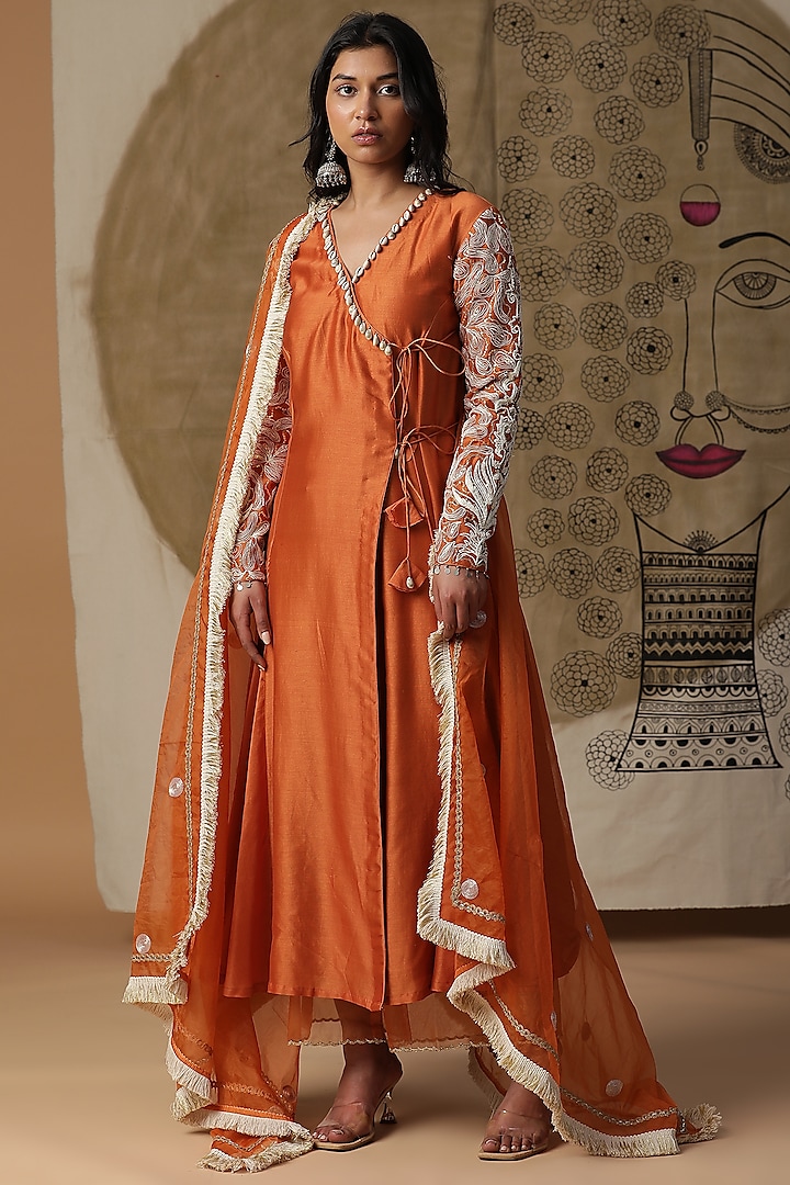 Apricot Orange Chanderi Silk Embroidered Angrakha Kurta Set by Arpita Sulakshana
