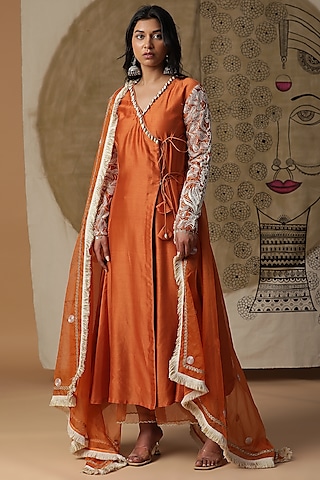 Apricot Orange Chanderi Silk Embroidered Angrakha Kurta Set by Arpita Sulakshana