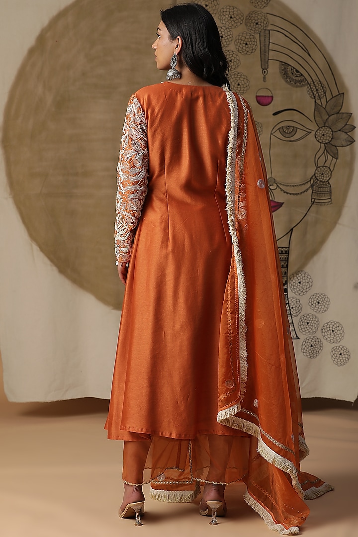 Apricot Orange Chanderi Silk Embroidered Angrakha Kurta Set by Arpita Sulakshana at Pernia's Pop Up Shop