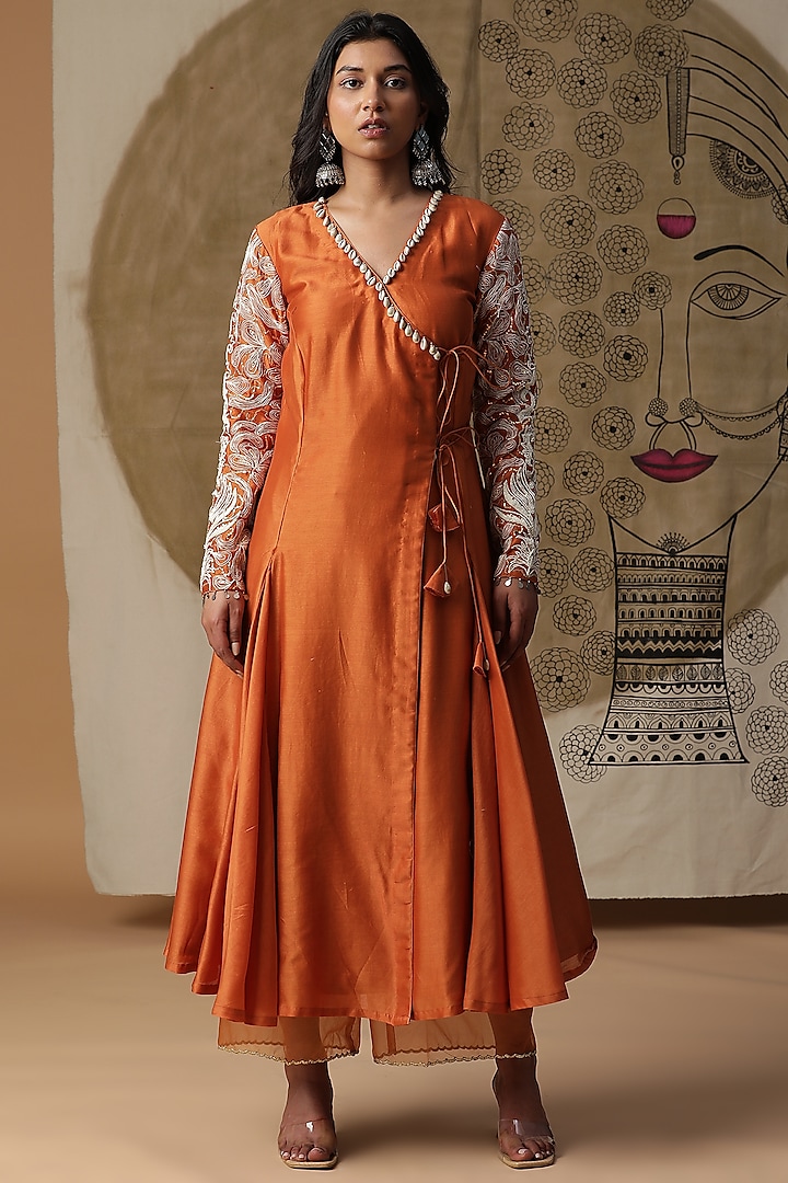 Apricot Orange Chanderi Silk Embroidered Angrakha Kurta Set by Arpita Sulakshana at Pernia's Pop Up Shop