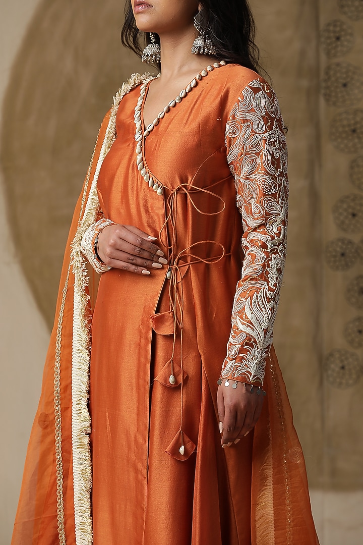 Apricot Orange Chanderi Silk Embroidered Angrakha Kurta Set by Arpita Sulakshana at Pernia's Pop Up Shop