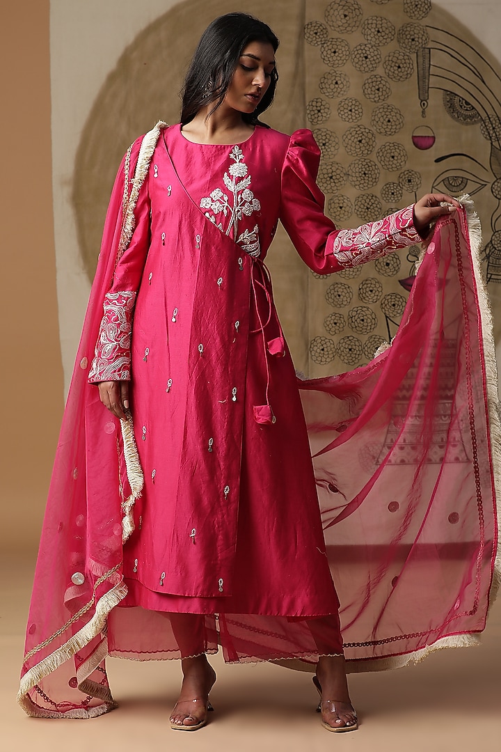 Pink Chanderi Silk Embroidered Angrakha Kurta Set by Arpita Sulakshana