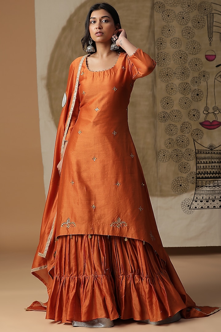 Apricot Orange Chanderi Silk Gharara Set by Arpita Sulakshana