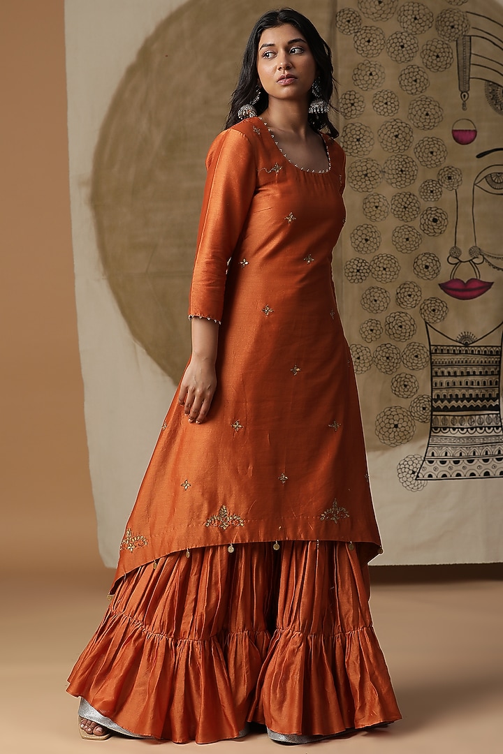 Apricot Orange Chanderi Silk Gharara Set by Arpita Sulakshana at Pernia's Pop Up Shop