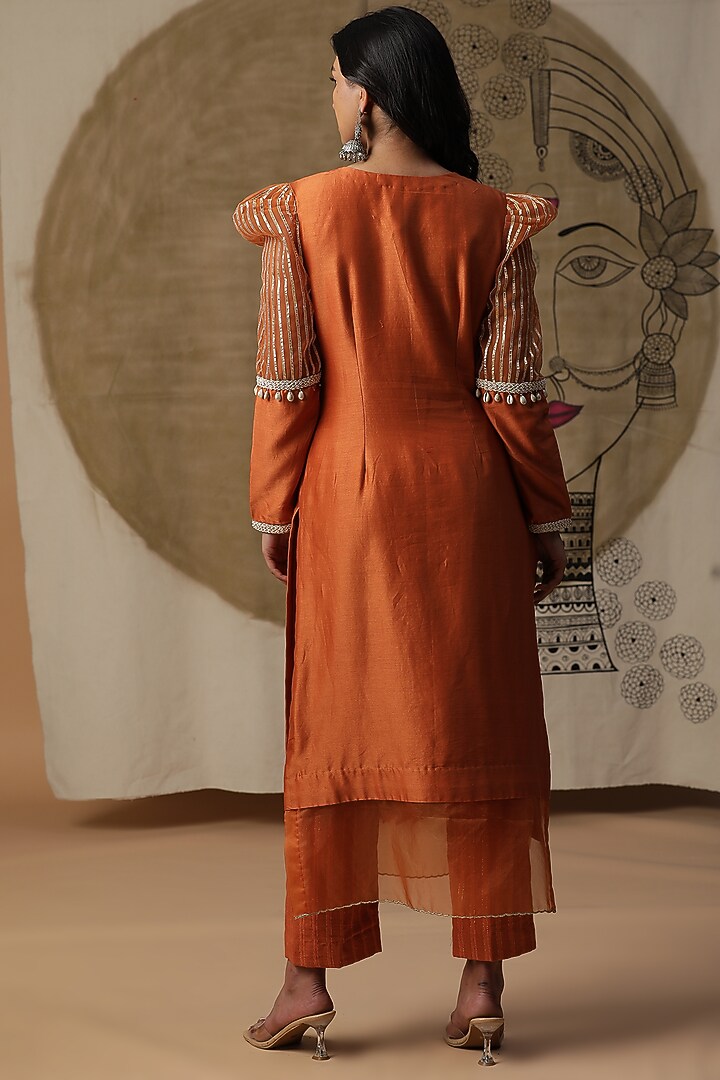 Apricot Orange Chanderi Silk Embroidered Kurta Set by Arpita Sulakshana at Pernia's Pop Up Shop