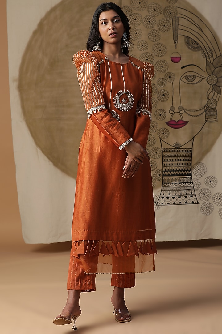 Apricot Orange Chanderi Silk Embroidered Kurta Set by Arpita Sulakshana at Pernia's Pop Up Shop