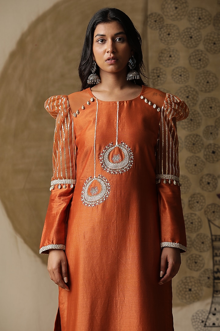 Apricot Orange Chanderi Silk Embroidered Kurta Set by Arpita Sulakshana at Pernia's Pop Up Shop