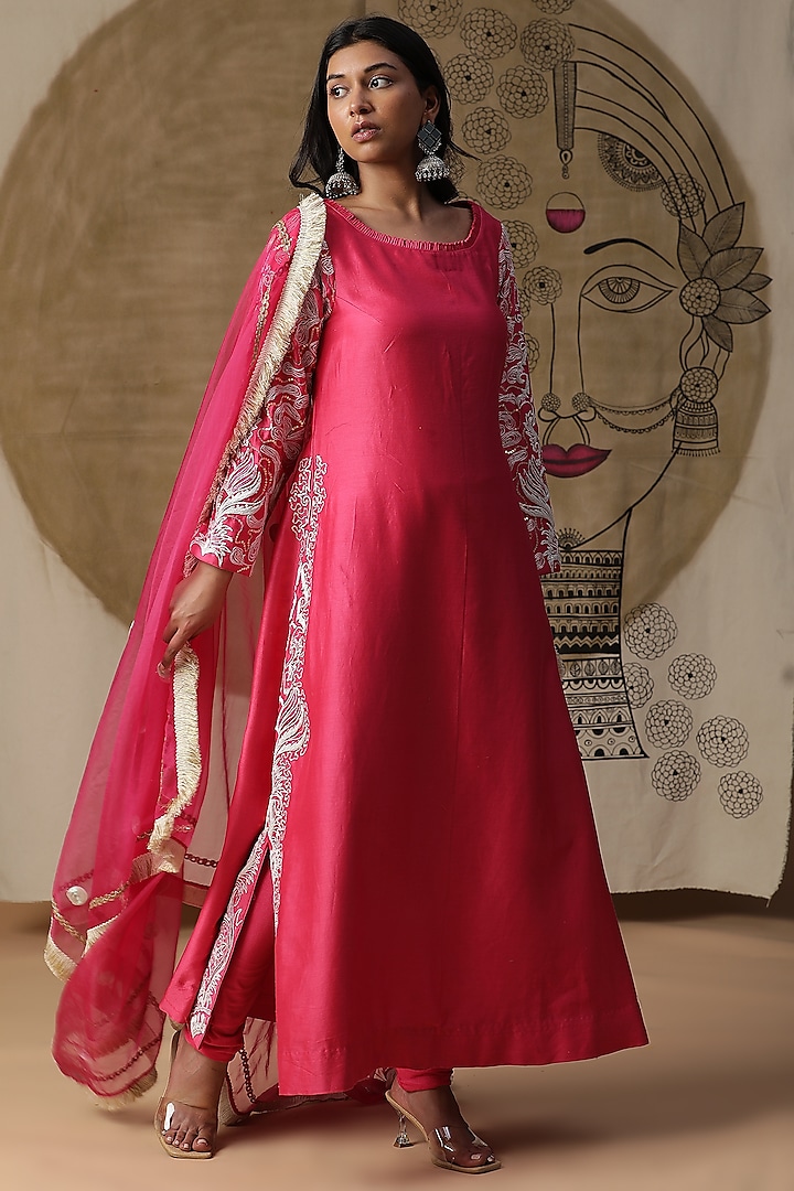 Pink Chanderi Silk Embroidered A-Line Kurta Set by Arpita Sulakshana