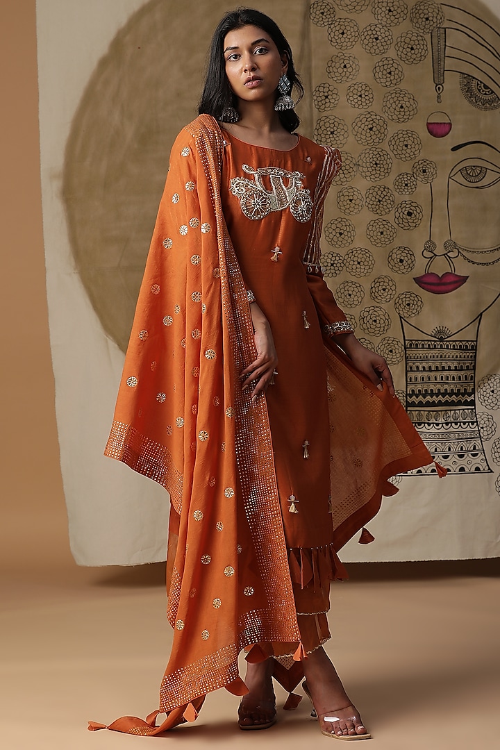Apricot Orange Chanderi Silk Embroidered Kurta Set by Arpita Sulakshana