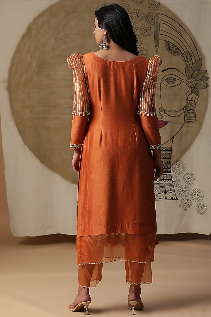 Apricot Orange Chanderi Silk Embroidered Kurta Set by Arpita Sulakshana at Pernia's Pop Up Shop