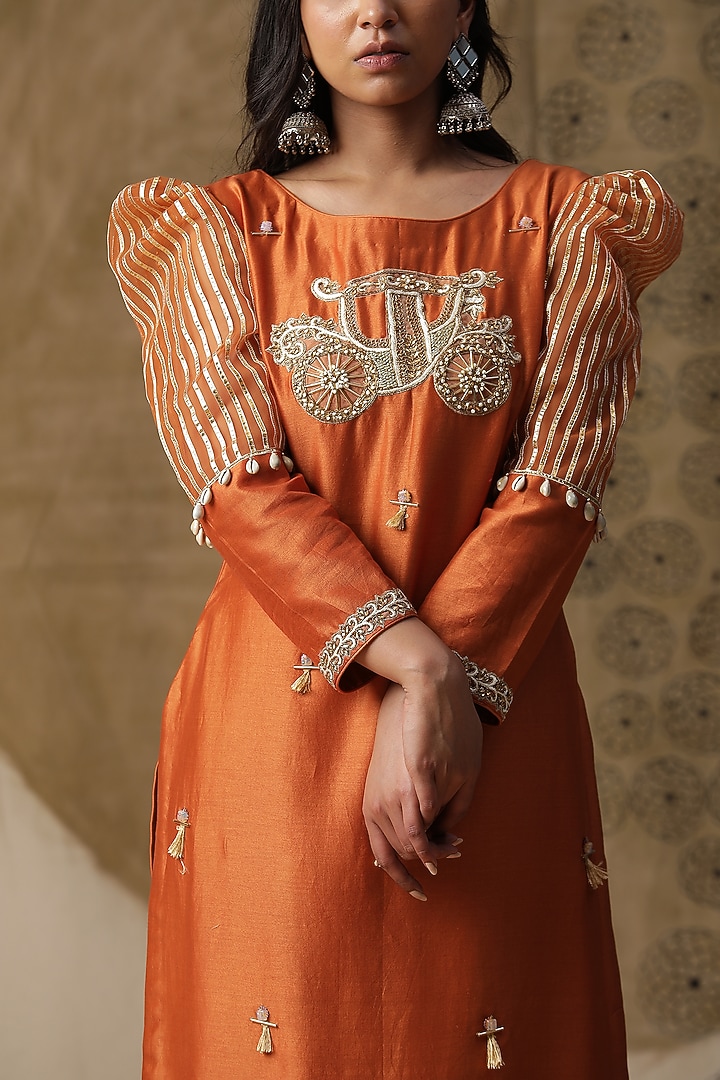 Apricot Orange Chanderi Silk Embroidered Kurta Set by Arpita Sulakshana at Pernia's Pop Up Shop