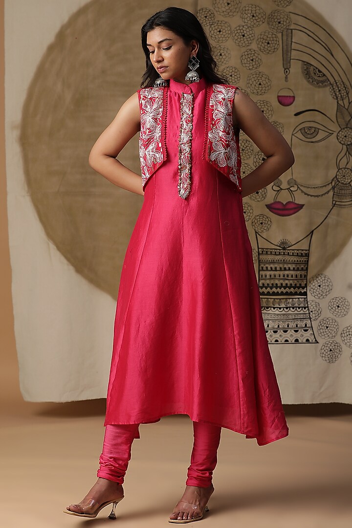 Pink Chanderi Silk Embroidered A-Line Kurta Set by Arpita Sulakshana