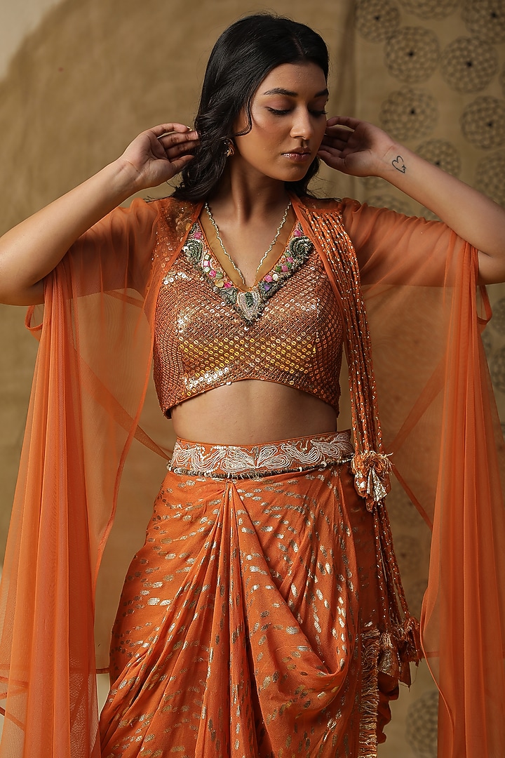 Apricot Orange Georgette Embroidered Dhoti Set by Arpita Sulakshana at Pernia's Pop Up Shop